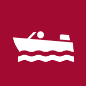 Icon of a person overboard on a boat in water, depicted in white on a maroon background.