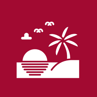 Minimalist tropical sunset logo with palm tree and birds.