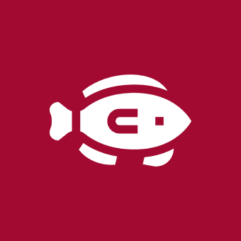 White fish icon on a red background.