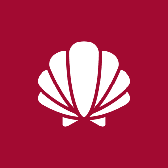 White shell logo on a maroon background.